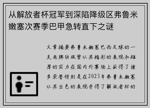 从解放者杯冠军到深陷降级区弗鲁米嫩塞次赛季巴甲急转直下之谜