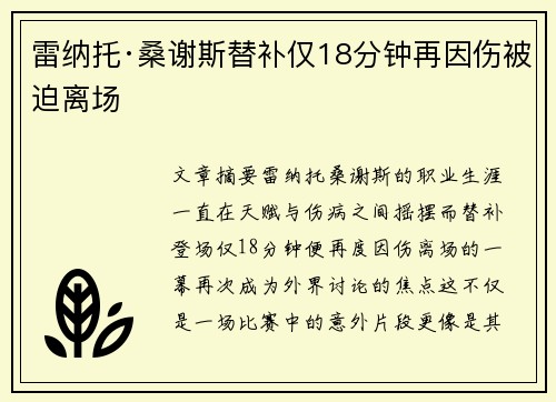 雷纳托·桑谢斯替补仅18分钟再因伤被迫离场 雷纳托·桑谢斯替补仅18分钟再因伤被迫离场