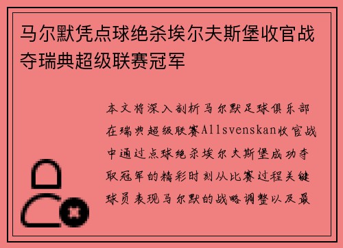马尔默凭点球绝杀埃尔夫斯堡收官战夺瑞典超级联赛冠军