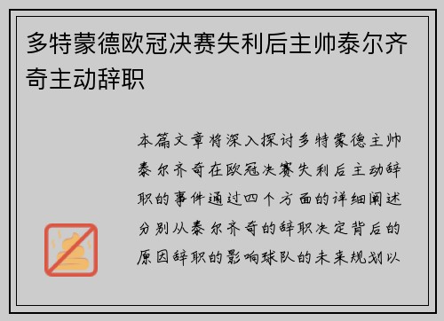 多特蒙德欧冠决赛失利后主帅泰尔齐奇主动辞职